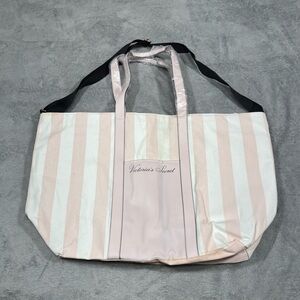 Victoria’s Secret Pink White Stripe Canvas Zip Tote Bag Travel Gym Weekender